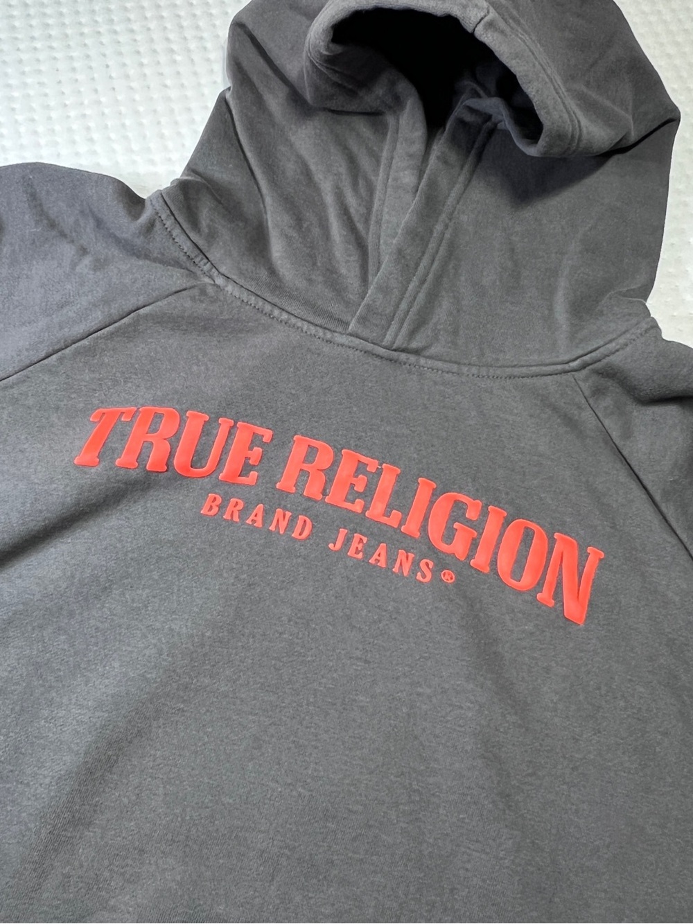 True Religion Pullover Hoodie Women Sz Large Gray Relaxed Arched Puff Logo